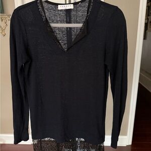 Sandro Black Lace-Trim V-Neck Long Sleeve Top